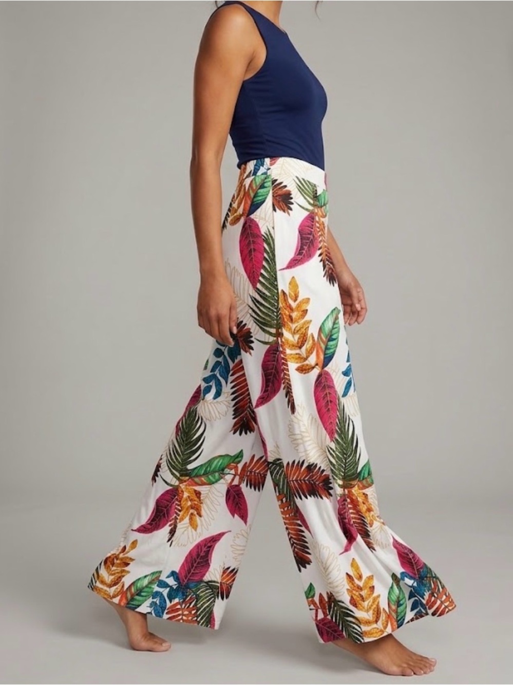 Tropical Palm Leaf Print Wide Leg Pants Size Large Boho Vacation Beach